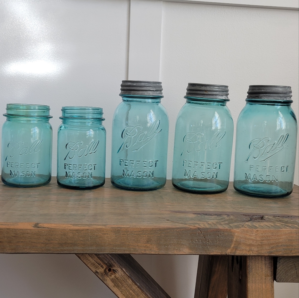 5 Vintage blue ball glass jars, 2 small, 3 large